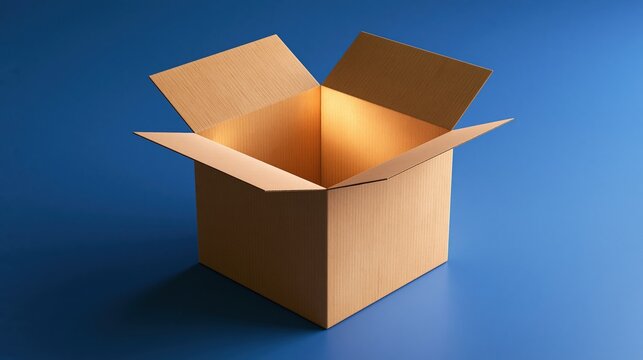 Open Cardboard Box Glowing with Warm Light Inside on Blue Background