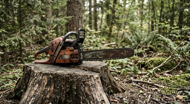 Rusty abandoned chainsaw resting on a weathered tree stump. Old orange logging tool left behind in a lush green forest