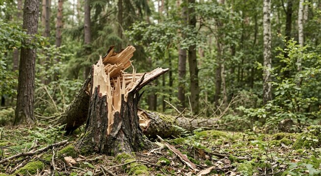 Splintered broken tree stump in green forest. Fallen trunk after windthrow storm damage in woodland environment