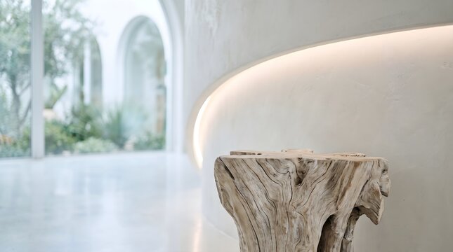 Wabi-Sabi Inspired Minimalist Interior with Textured White Wall and Rustic Wood Stool
