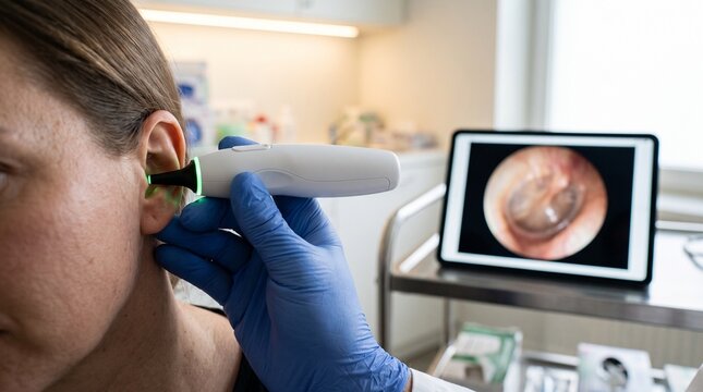 Doctor examining patient ear with smart digital otoscope in clinic