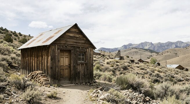 Old weathered wooden shack in abandoned historic mining town. Vintage ghost town settlement with mining headframe in arid mountain landscape