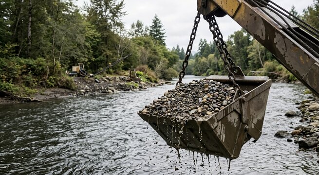 Heavy rusty dredge bucket filled with wet river gravel and rocks. Industrial mining equipment extracting aggregate materials from a forest river