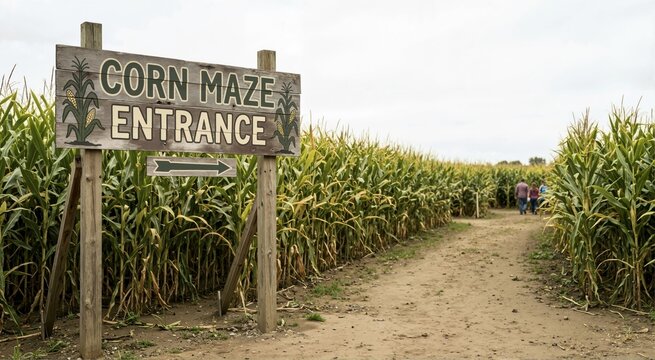 Rustic wooden corn maze entrance sign on a farm. People walking down a dirt path into a tall cornfield for autumn seasonal agritourism
