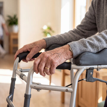 Close-up of an elderly person's hands holding a walker forearm support in a light background