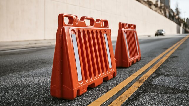 Orange plastic traffic barriers placed on road surface near double yellow lines with car passing in background