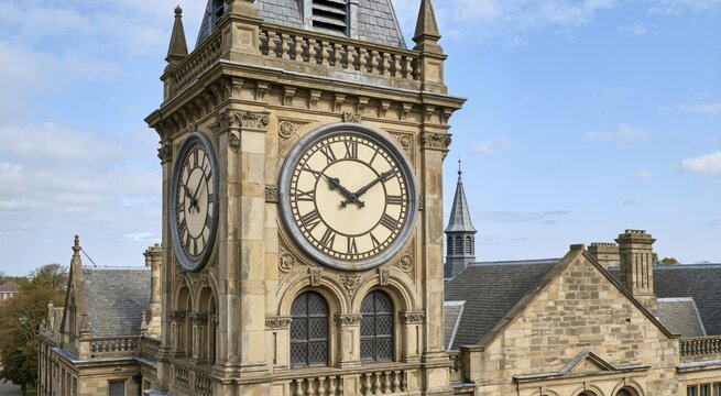 Historic stone courthouse clock tower with Roman numerals. Ornate municipal building architecture with intricate carvings against a blue sky