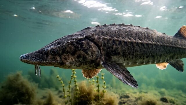 lake sturgeon underwater close up at morning light in lake michigan usa video
