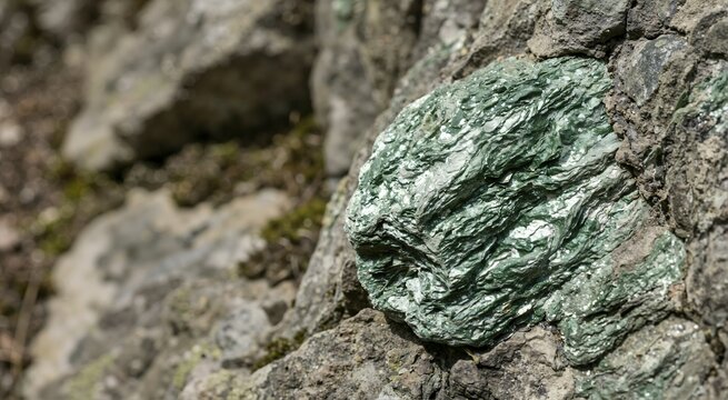Bright green fuchsite mica schist embedded in rough rock. Close up of a natural layered geological mineral specimen outdoors