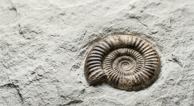 Fossilized ammonite shell embedded in light grey limestone. Detailed close up of a prehistoric spiral marine fossil in rough rock