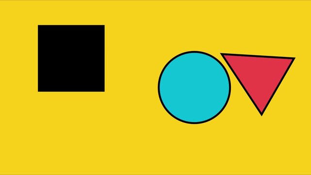 Minimalist geometric shapes animation with 4k black square, blue circle, and red triangle on yellow background