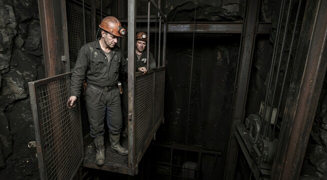 Two miners in metal cage elevator descending into dark underground mine shaft. Industrial workers in hard hats and coveralls working in deep mining facility