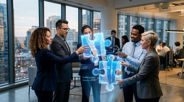 Diverse business team connecting holographic puzzle pieces in modern office