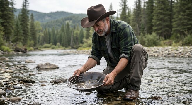 Middle aged male prospector in a cowboy hat panning for gold in a shallow river. Man holding a pan with gold flakes in a forest stream. Outdoor wilderness adventure and historical mining concept
