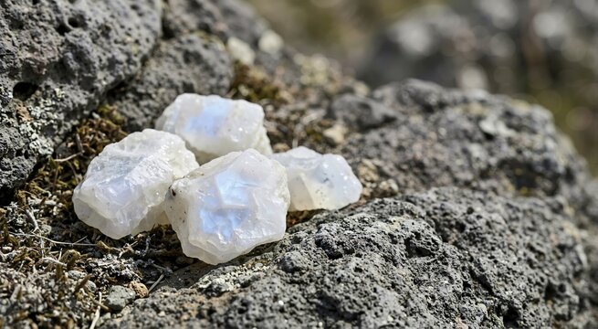 Rough adularia moonstone crystals on dark volcanic rock. Natural unpolished white and blue gemstones outdoors