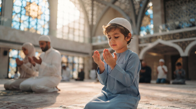 Young Muslim boy praying with family inside beautiful mosque