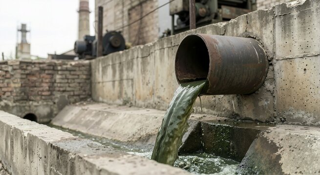 Rusty factory pipe discharging toxic green liquid waste into a concrete drainage channel. Industrial water pollution and environmental damage