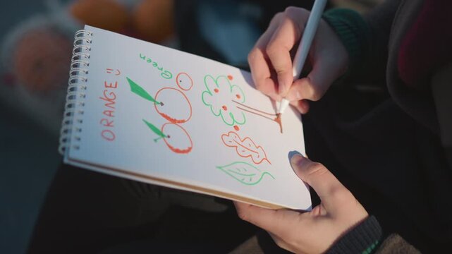 Close up of person drawing colorful fruit and leaf illustrations in red green markers on white paper. subject holds notebook steady with one hand while using other to draw details like stems