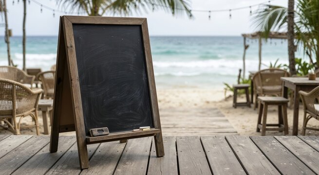Blank A-frame chalkboard sign on a wooden deck at a beach cafe. Empty menu board with chalk and eraser. Copy space for text