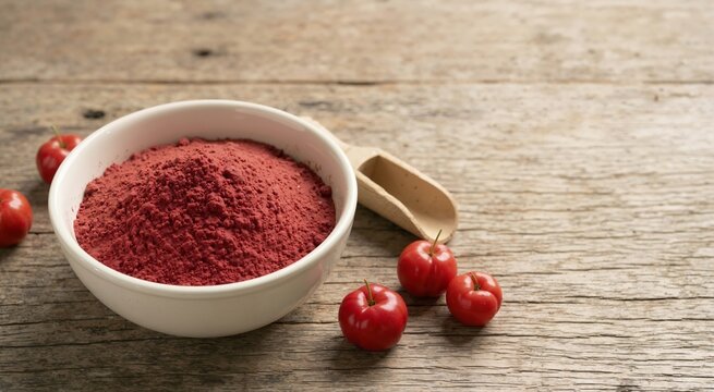 Fine red acerola cherry powder in a white bowl with fresh berries and a wooden scoop. Healthy organic superfood supplement. Copy space for text