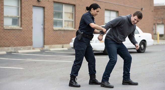 Female police officer handcuffing resisting male suspect. Law enforcement professional making an arrest in a parking lot