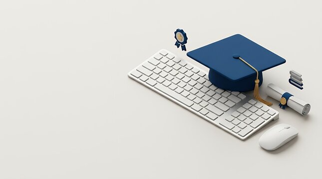 3D render of an online education banner featuring a graduation cap and keyboard for graduation concepts online education banner graduation cap and keyboard high school student studying laptop-based