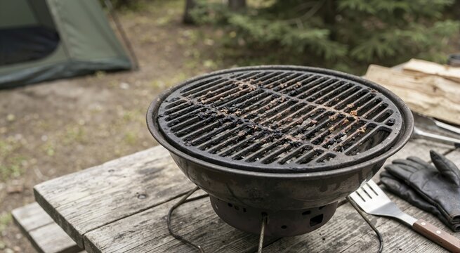 Dirty portable charcoal grill grate on wooden picnic table. Used camping barbecue with burnt food residue and cooking tools