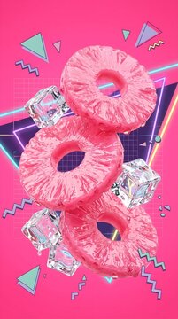 Vibrant pink pineapple rings with sparkling ice cubes and energetic neon geometric shapes, creating a dynamic retro summer pop art refreshment display on a bright fuchsia background