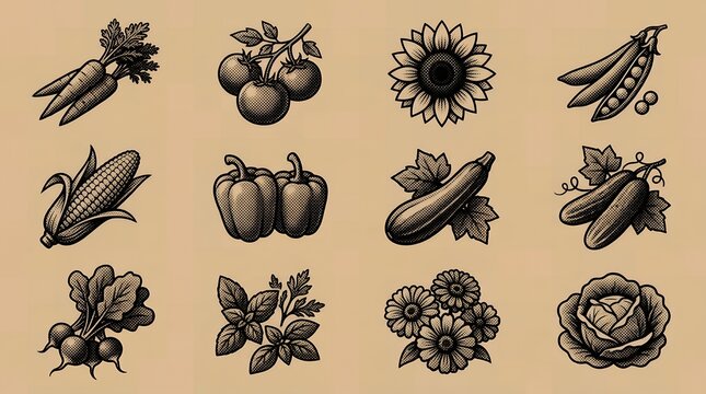 Stippled monochrome garden harvest icons including carrots corn and peas on aged backdrop.