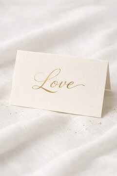 Elegant place card with gold calligraphy "love" on cream paper for wedding table seating and romantic event stationery background and minimalist decor