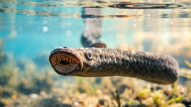 lamprey underwater close up at morning light in great lakes north america video
