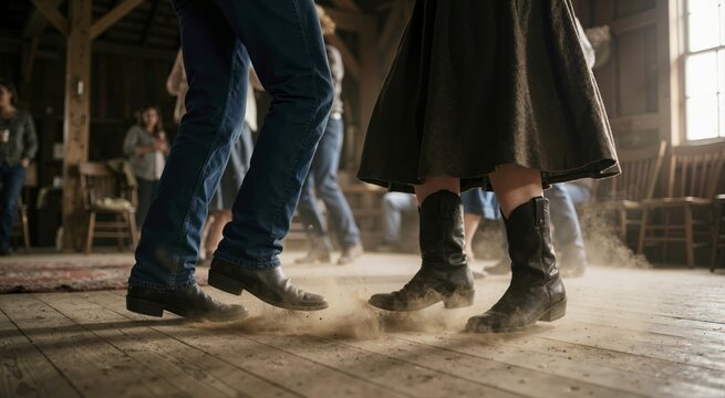 Low angle view of cowboy boots kicking up dust while dancing on a wooden floor. Couple energetic country western dancing in a rustic barn