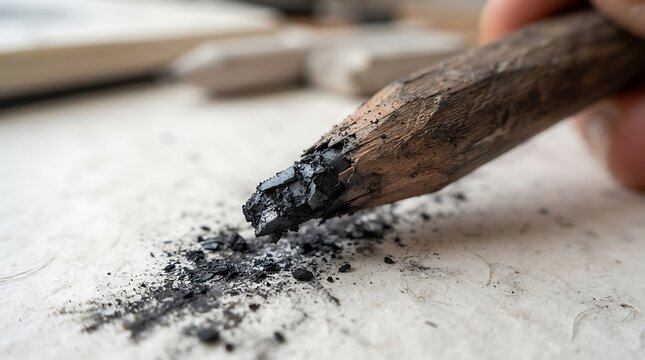 Close up of hand sketching with rustic charcoal pencil on textured art paper creating dust