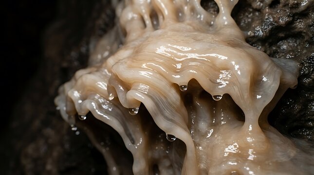 Intricate formations of calcite flowstone and stalactites inside a dark limestone cave