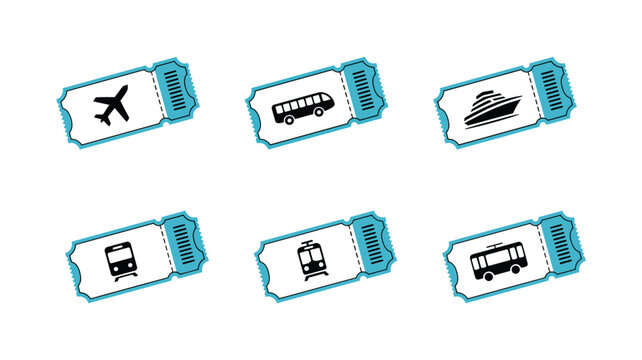 Travel bus train airplane ship tram ticket icon set, featuring transportation fare symbols and journey pictograms for tourism and booking designs.