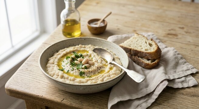 Creamy mashed white bean dip in a ceramic bowl with olive oil and herbs. Rustic wooden table setting with crusty bread and vintage spoon. Healthy vegan appetizer concept