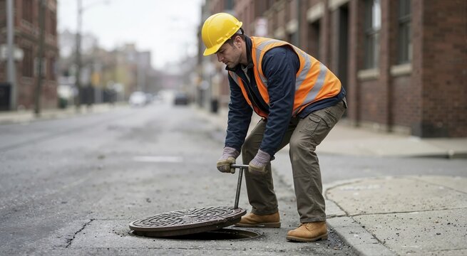 Construction worker lifting a heavy metal manhole cover on a city street. Man in safety gear using a tool for underground utility maintenance