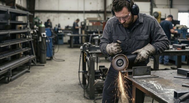 Metalworker using an angle grinder with a flap disc in an industrial workshop. Man grinding steel with flying sparks wearing safety glasses and gloves