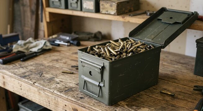 Open green military ammo box filled with empty brass shells. Spent bullet casings on a wooden workbench