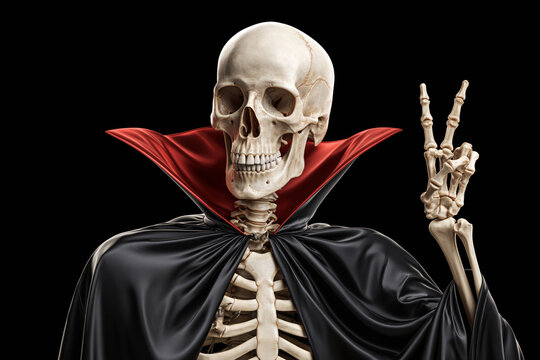 Skeleton in vampire cape with red collar, show peace sign, Halloween portrait on black background