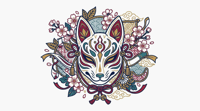 Traditional Japanese Kitsune fox mask illustration featuring cherry blossoms, floral motifs, seigaiha wave patterns, and decorative tassels in a distressed vintage vector style.