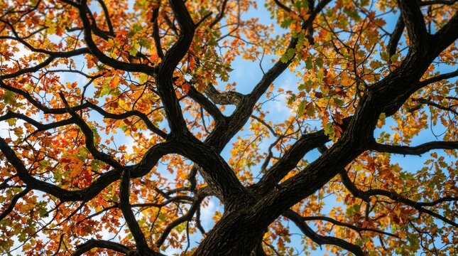 Low angle view of oak tree with autumn leaves against blue sky