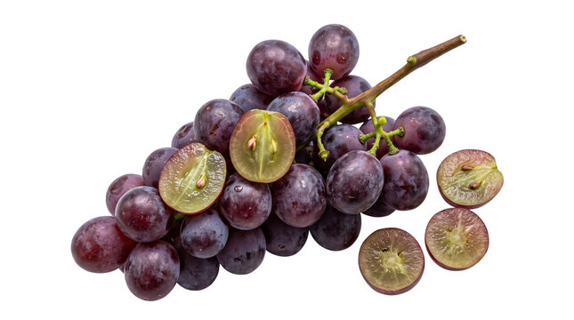 Fresh red grapes cluster isolated on white background with whole and sliced juicy fruit pieces showing translucent green flesh and seeds inside