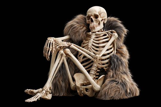 Skeleton with fangs and fur cloak sitting hunched with claw-like fingers, werewolf portrait on black background