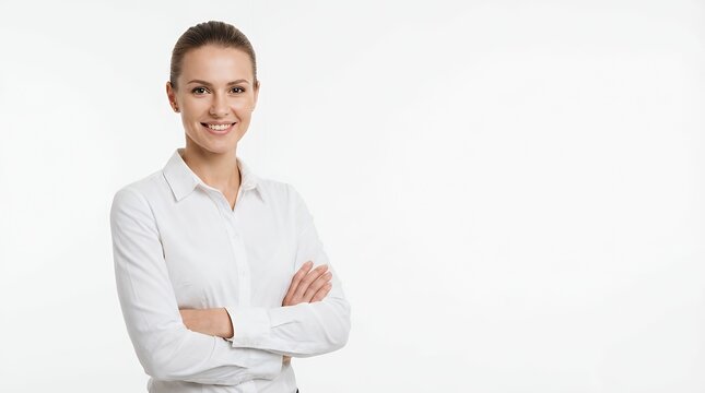 A Confident and Professional Businesswoman Crossing Her Arms Dressed in a Crisp White Blouse Posed Against a Clean White Background Exuding Assurance and Poise a confident business woman female adult