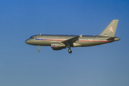 Brussels, Belgium- july 09, 2026 : sign and logo on a  Airbus A319 CJ of of Czech Air Force landing at Brussels airport