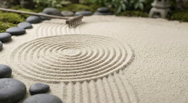 Close up of raked sand patterns in a Japanese Zen garden. Concentric circles and straight lines with black stones and moss for mindfulness