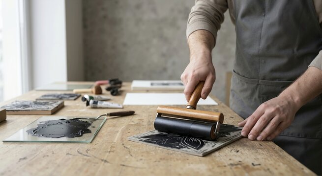 Artist applying black ink to carved block with wooden brayer. Person in apron working on linocut printmaking at rustic table. Traditional art and craft studio process