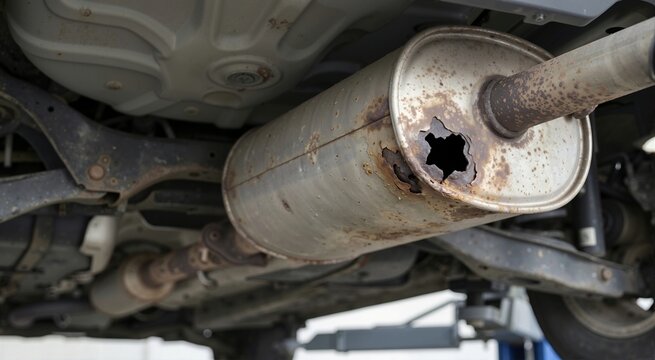 Large rust hole in car exhaust muffler. Corroded metal pipe on vehicle undercarriage. Automotive damage and maintenance repair concept