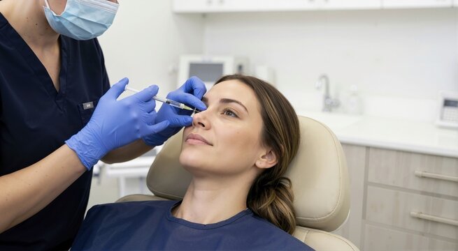 Medical professional administering a dermal filler injection into a woman's nose. Female patient undergoing non surgical rhinoplasty in a cosmetic clinic